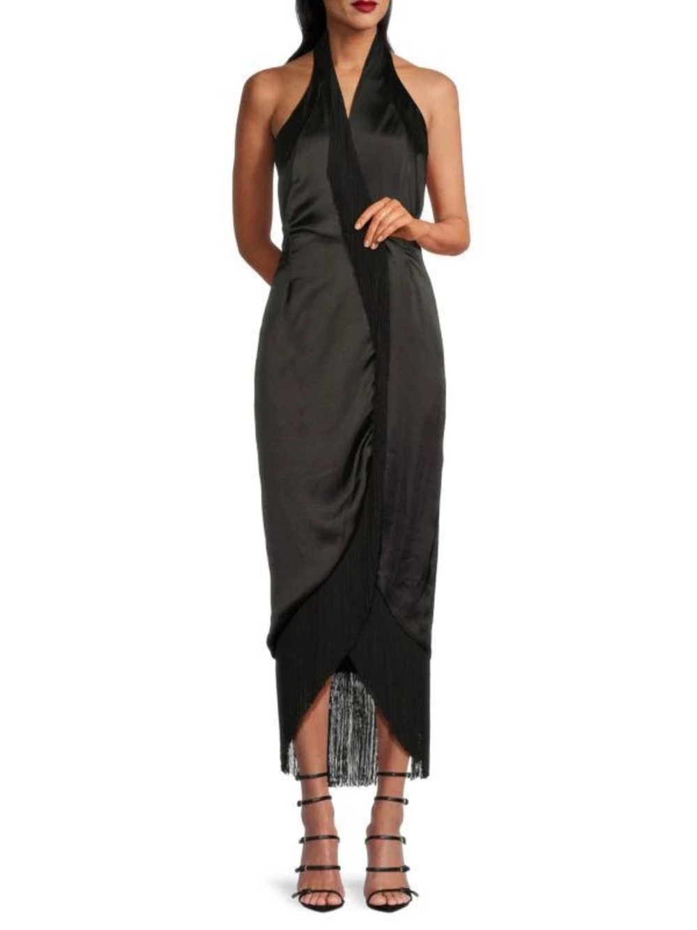 BCBGMaxAzria Black Halter Midi Dress with Fringe